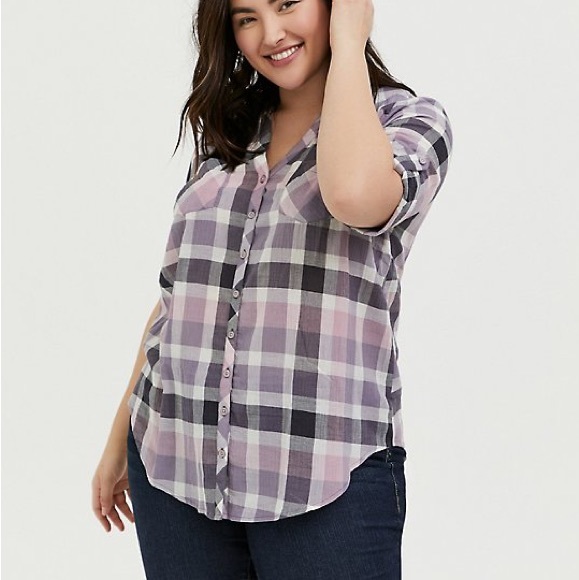 torrid Tops - Torrid plaid button down blouse tan sleeve size 2x